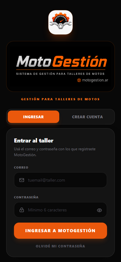 Pantalla de ingreso a MotoGestión